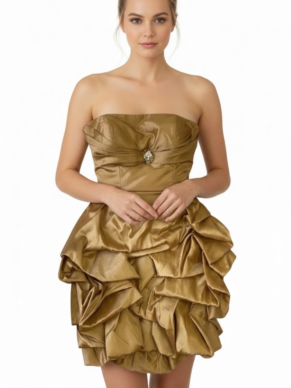 Anaïs Design gold strapless dress ballon pleated woven prom jewels corset 12 14